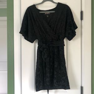 Black velvet burnout floral print faux wrap dress